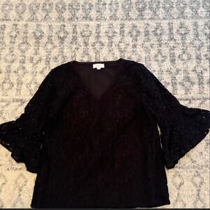 LOFT Black Lace Blouse with Flared Sleeves